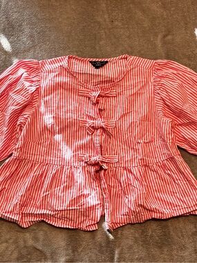 Red and White Striped Tie-Front Peplum Top